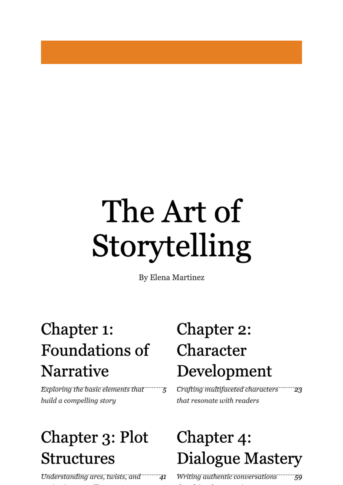 Book title page with orange header and chapter list template_variant_3